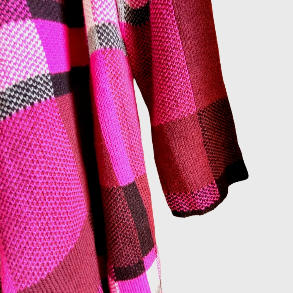 Notations Pink Plaid Fringe Cardigan – Cozy Open Front Sweater Jacket L - Picture 4 of 6
